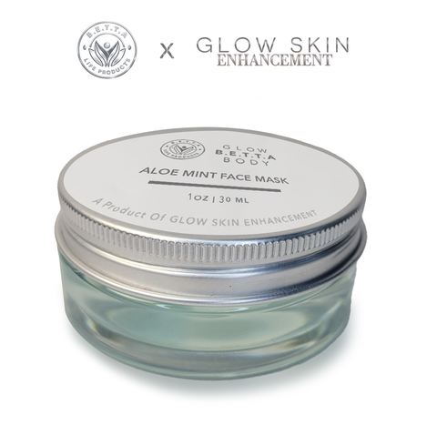Glow Betta Body Clay Face mask in jar with white background with logos Glow Skin Enhancement X BETTA Life Products above it