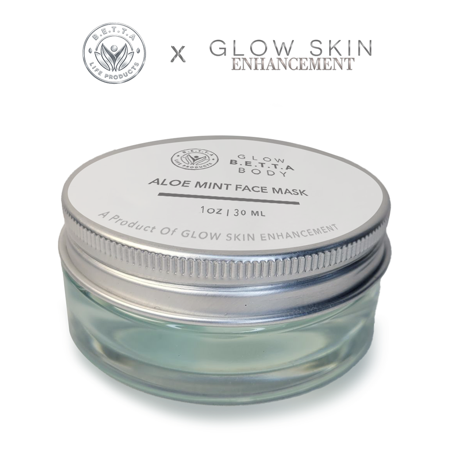 Glow Betta Body Clay Face mask in jar with white background with logos Glow Skin Enhancement X BETTA Life Products above it