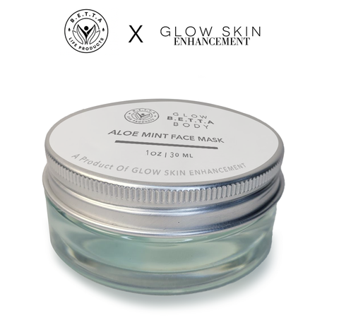 Glow Betta Body Clay Face mask in jar with white background with logos Glow Skin Enhancement X BETTA Life Products above it