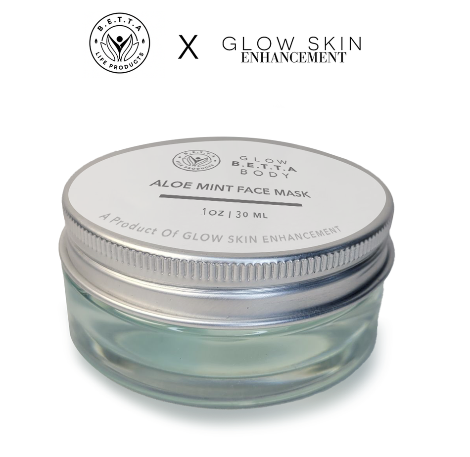 Glow Betta Body Clay Face mask in jar with white background with logos Glow Skin Enhancement X BETTA Life Products above it