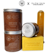 Glow B.E.T.T.A. Body scrub and body wash with silver lid, and soap on a white background with logos Glow Skin Enhancement X BETTA Life Products