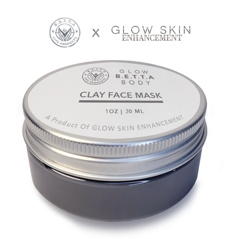 Glow Betta Body Clay Face mask in jar with white background with logos Glow Skin Enhancement X BETTA Life Products above it