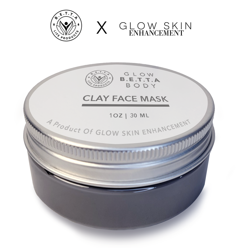 Glow Betta Body Clay Face mask in jar with white background with logos Glow Skin Enhancement X BETTA Life Products above it