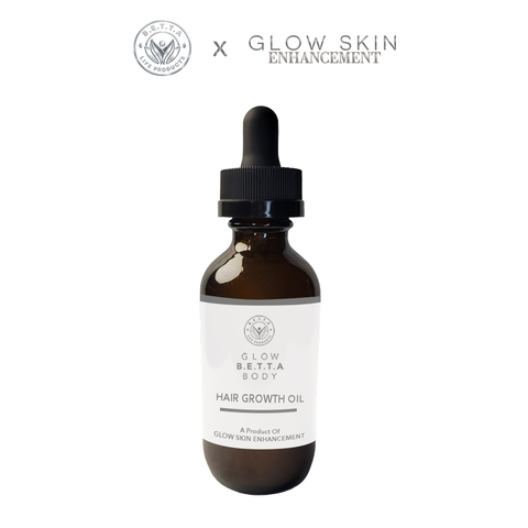 Glow Betta Body hair growth oil bottle with dropper on a white background