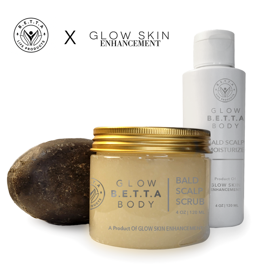 Bald Scalp skin care kit with one bar soap, jar of scrub and bottle of moisturizer lotion on white background with logos Glow Skin Enhancement and BETTA Life Products above it