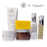Collection of Glow B.E.T.T.A. Body skincare products, 7 piece men's set on a white background with logos Glow Skin Enhancement X BETTA Life Products about it