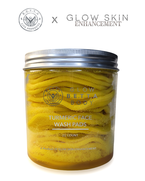 Jar of Glow Betta Body turmeric face wash pads with 'Glow Skin Enhancement' branding on a white background