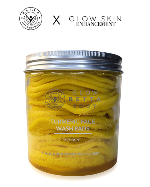 Jar of Turmeric Face Wash Pads by Glow Betta Body on a white background and logo for Glow Skin Enhancement x Betta Life Products above it